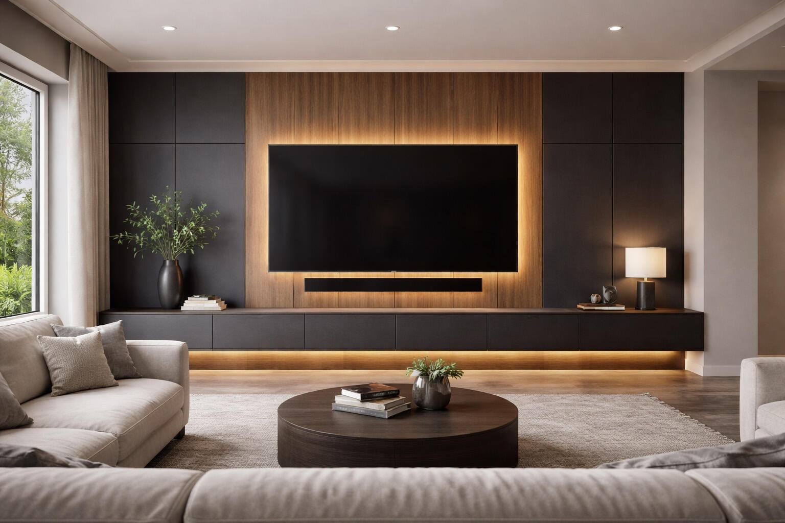 Modern TV media wall with charcoal panels, wood accents and LED backlighting in Fort Myers Florida