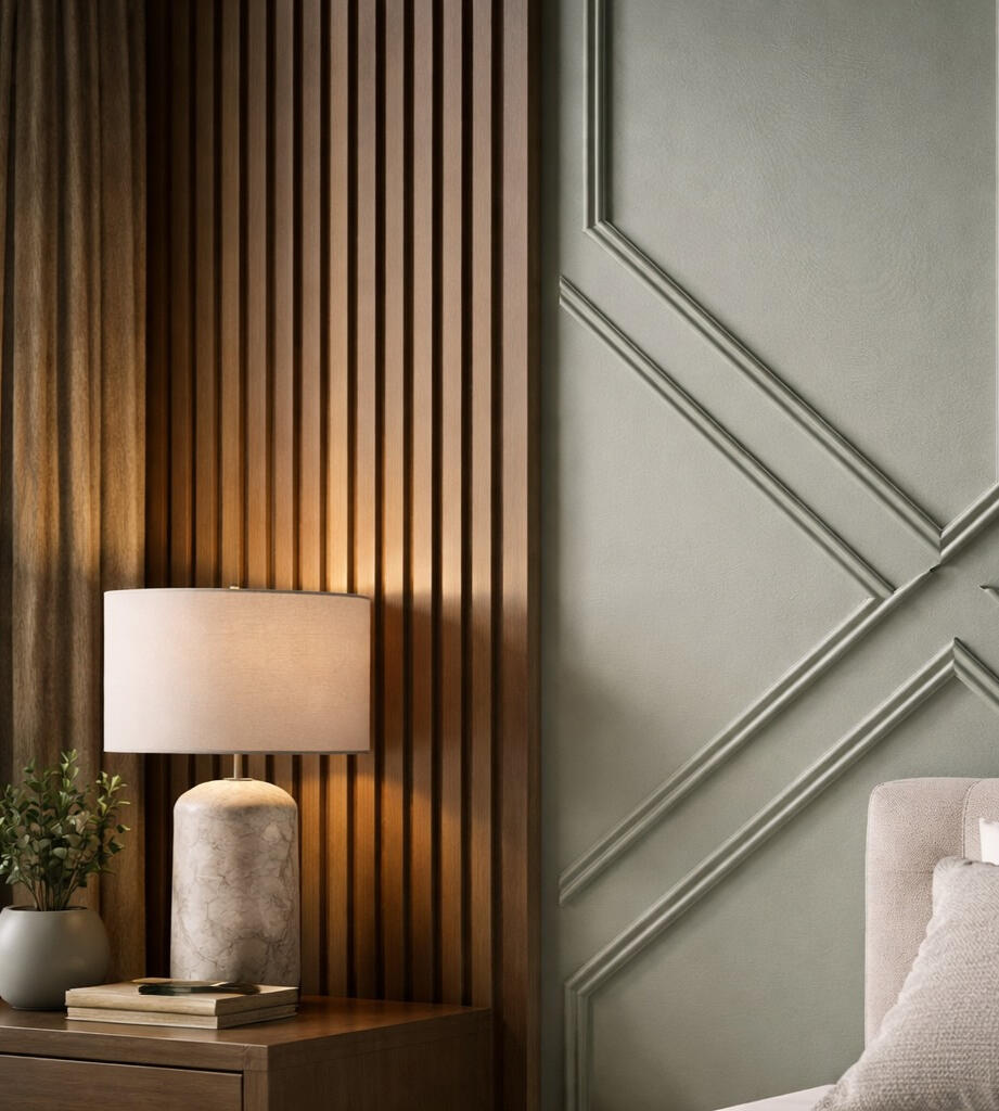 Geometric accent wall in sage green with wood trim and vertical slat panels in Fort Myers Florida bedroom